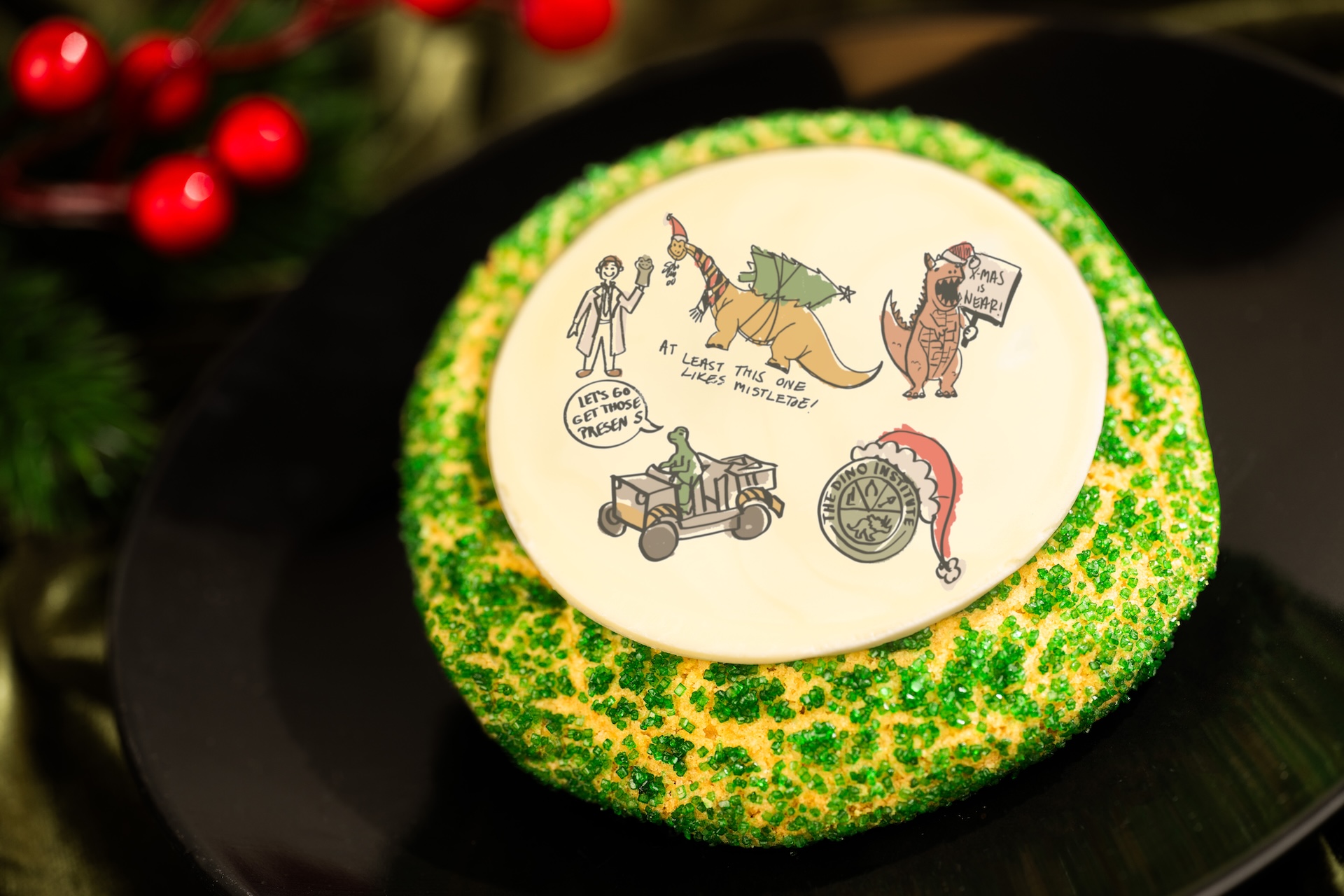 Sugar Cookie: Sugar cookie dipped in green sugar with dinosaur-themed chocolate disc (New) 