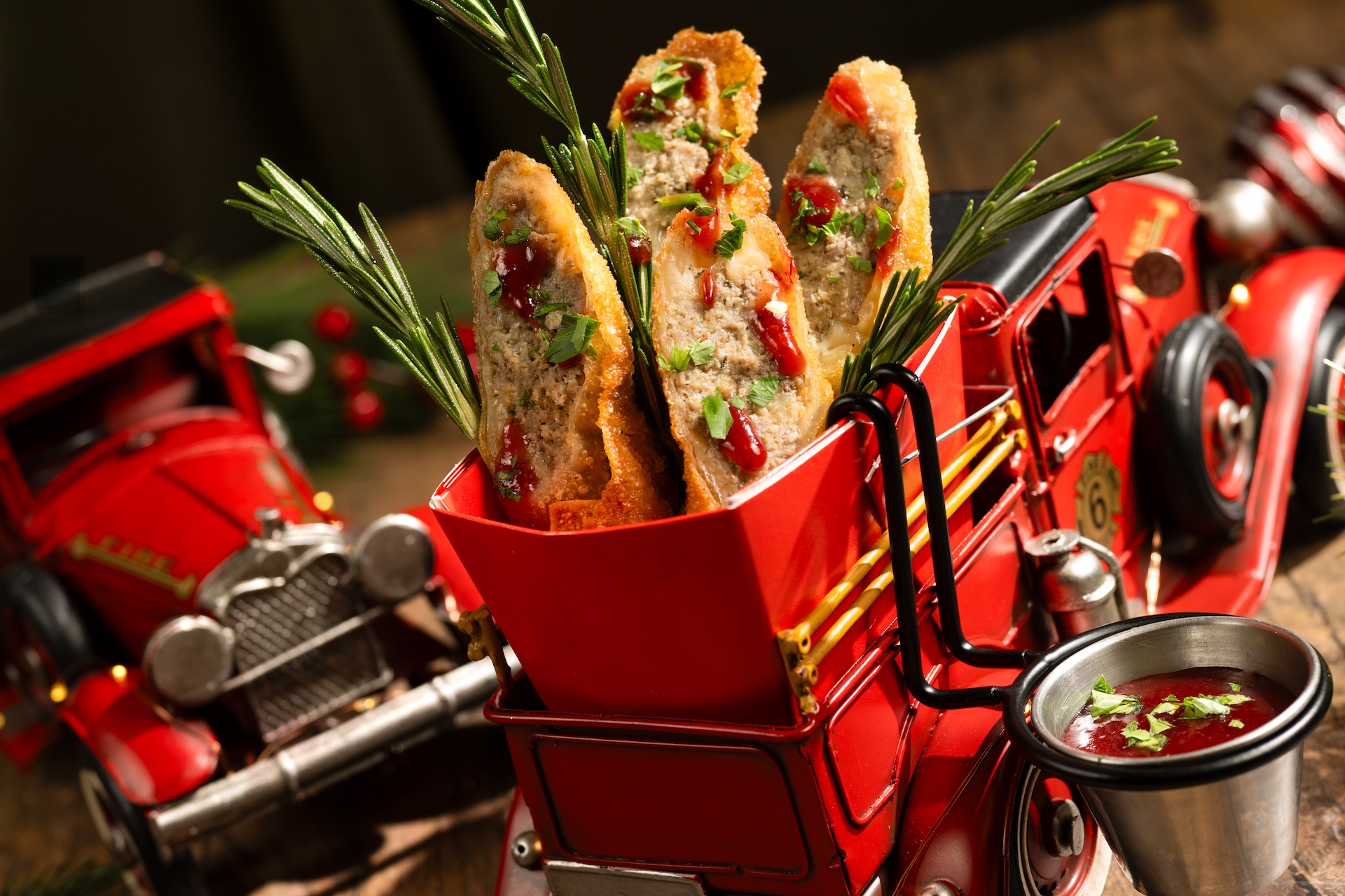 Turkey Egg Rolls: Turkey egg rolls with sweet-and-sour cranberry dipping sauce (New) 