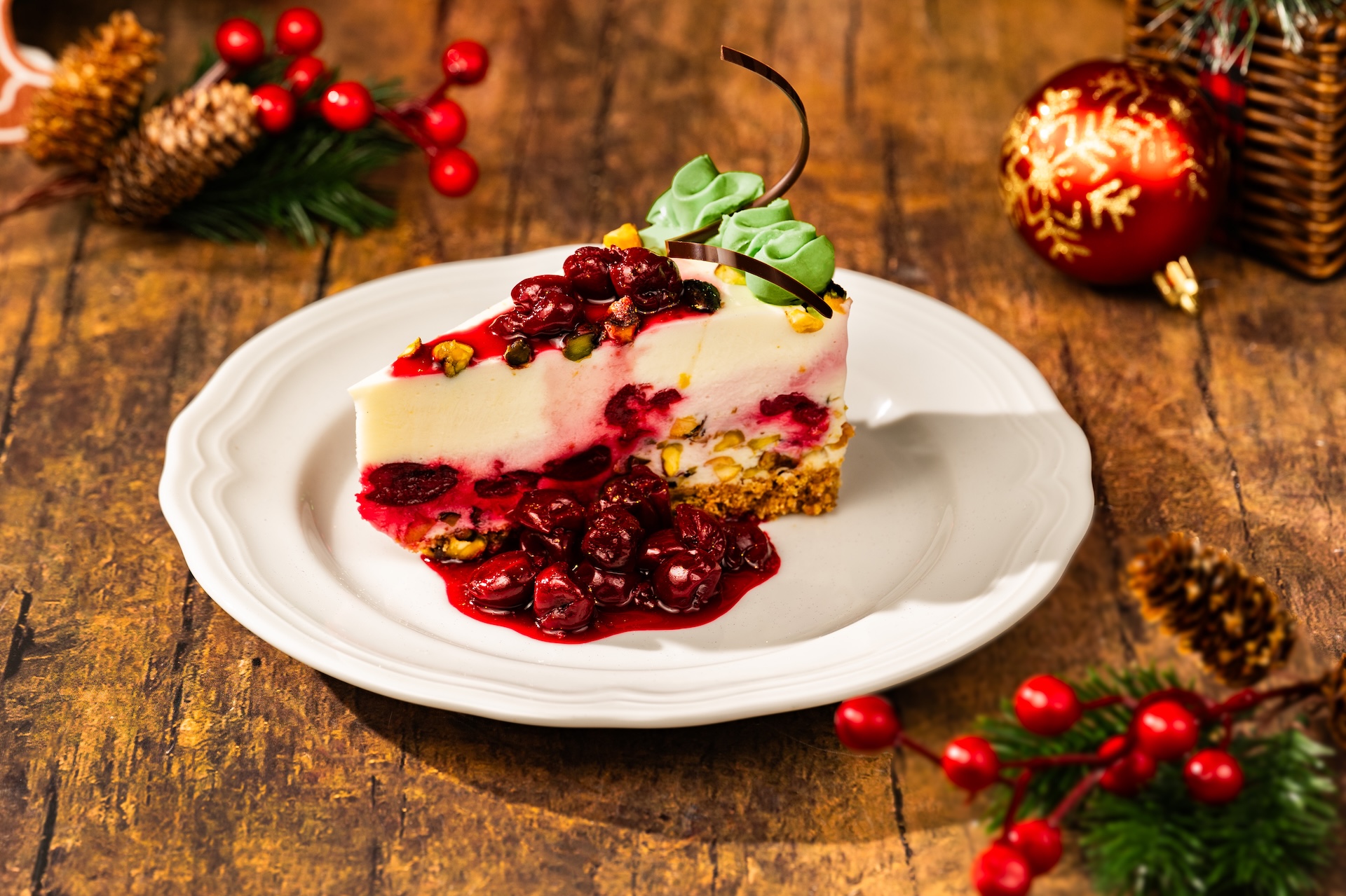 Pistachio and Cherry Cheesecake with morello cherry compote