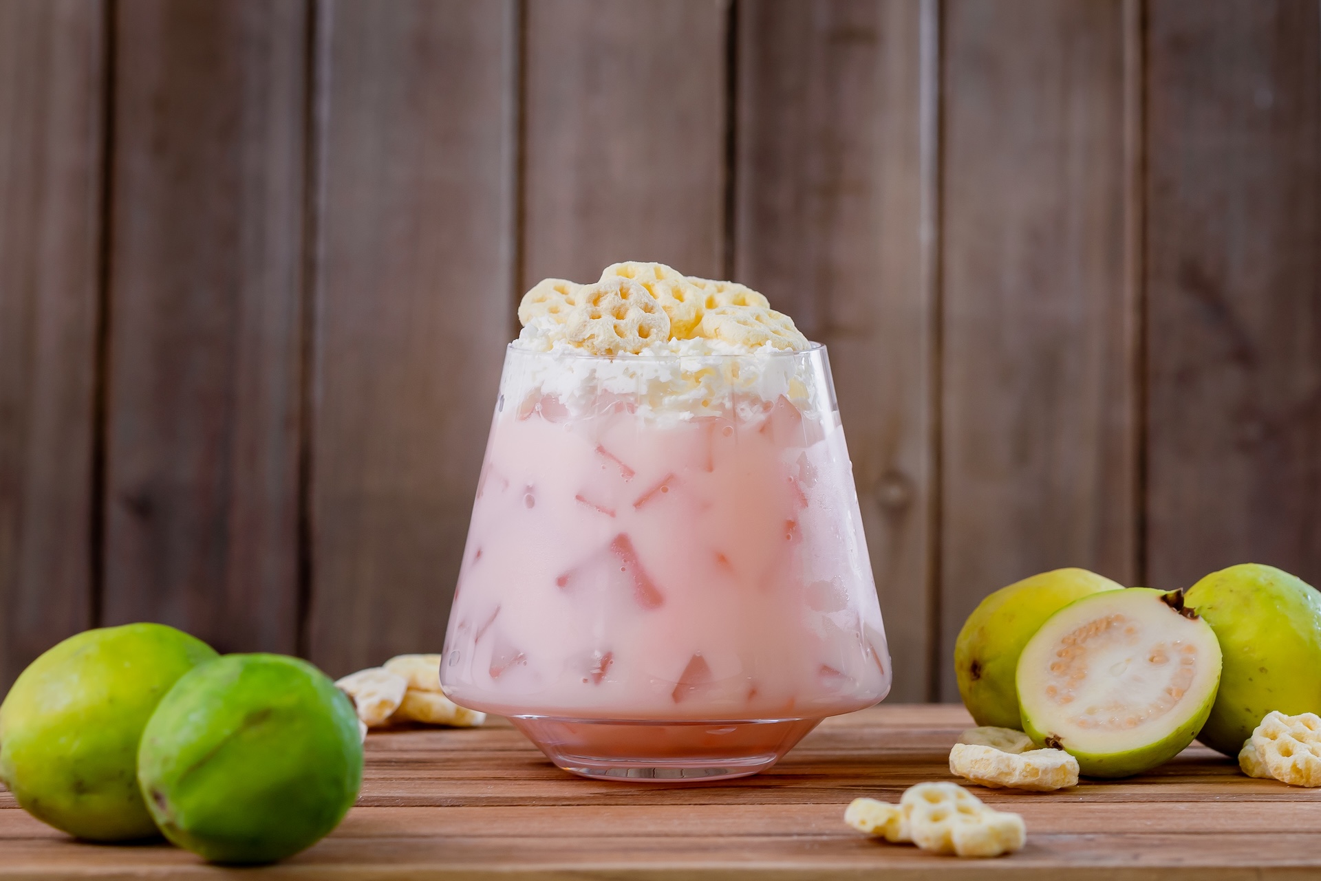 Guava Melon Lassi: Yogurt, guava nectar, and rock melon and honey syrups topped with cinnamon whipped cream and honey-flavored cereal (Non-alcoholic)