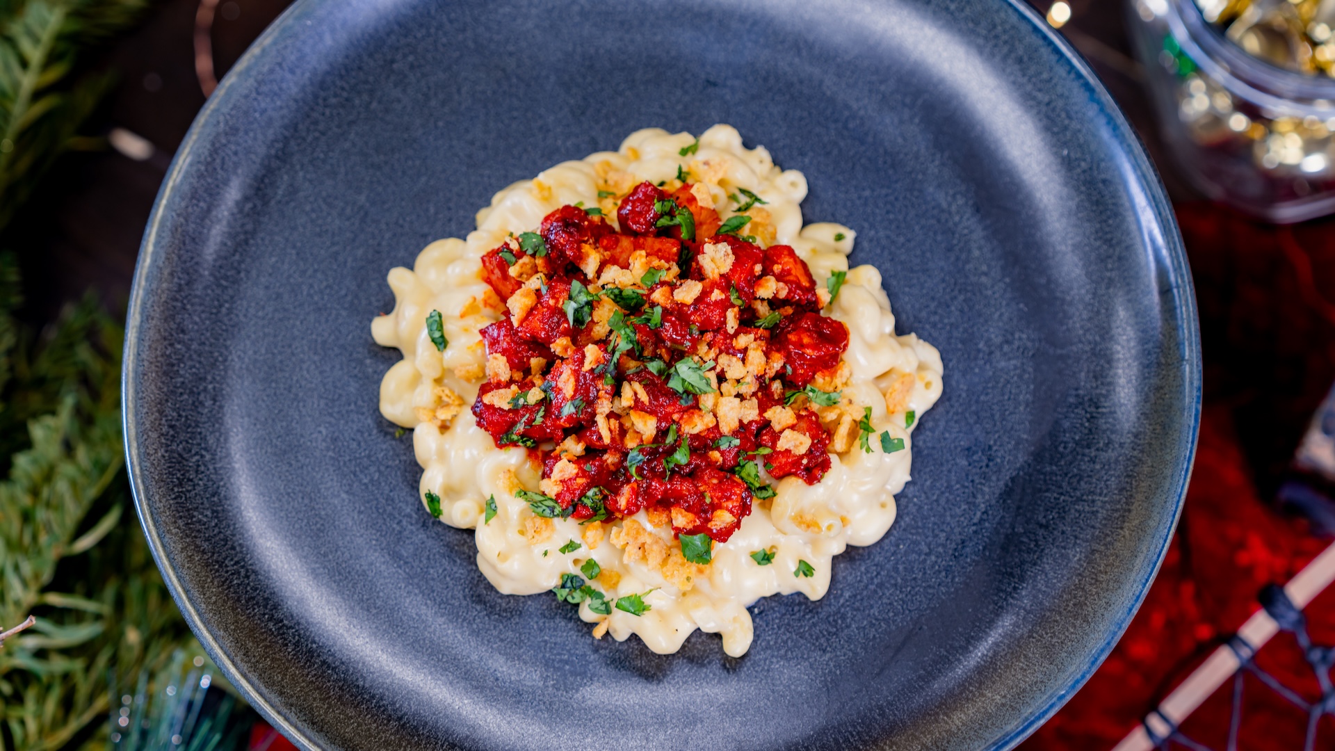 Al Pastor Mac & Cheese with tortilla crumble and cilantro (New)