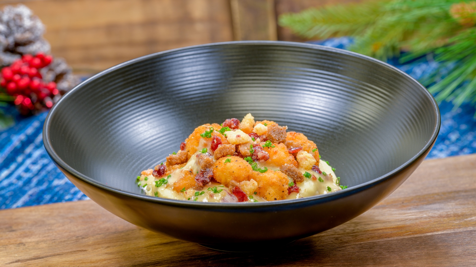 Holiday Mash Bowl: Chicken, cheddar mashed potatoes, and turkey gravy with cranberry stuffing crunch