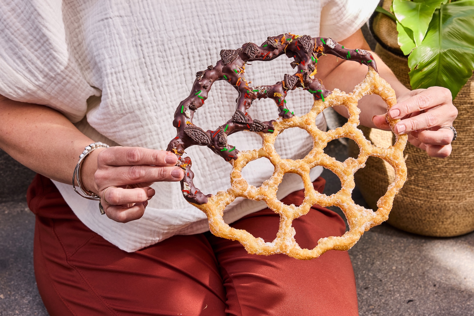 Holiday Buñuelo with holiday sugar candy and orange cinnamon sugar  