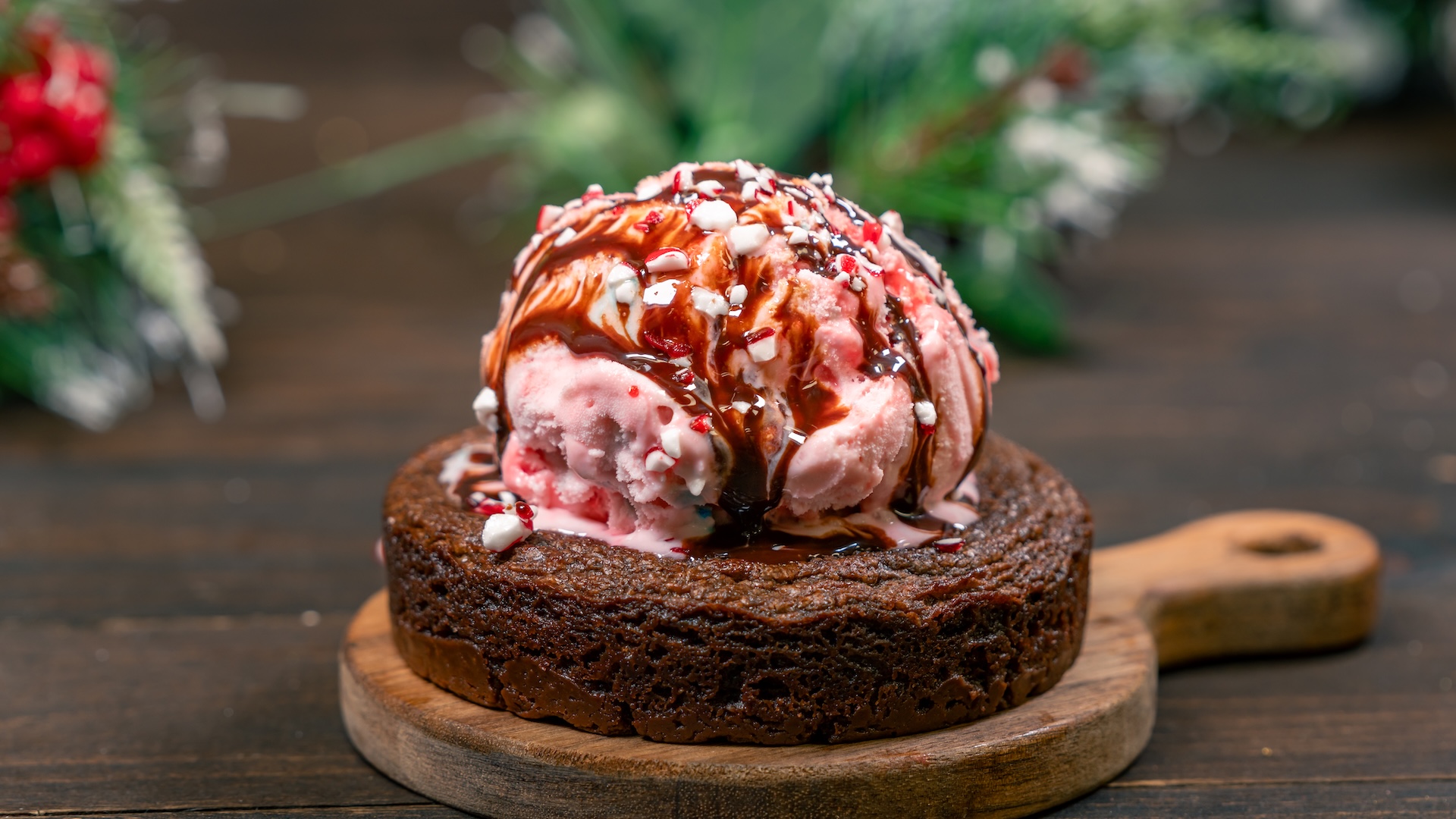 Holiday Butter Cake Sundae: Warm chocolate butter cake, peppermint ice cream, chocolate sauce, and crushed peppermint (New)  