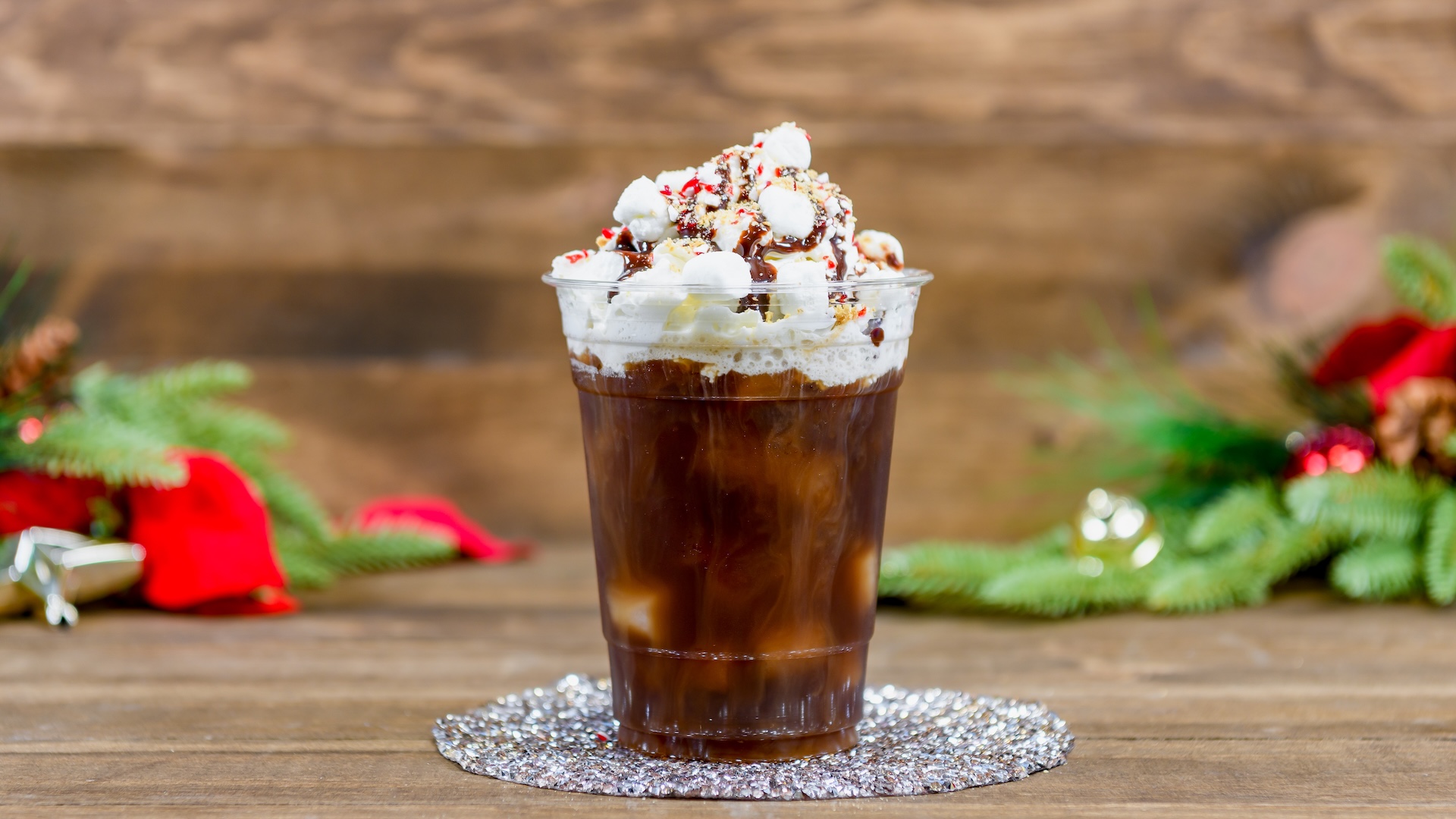 Peppermint S’mores Cold Brew: Joffrey's French Roast Cold Brew Coffee with peppermint and chocolate syrups topped with whipped cream, mini marshmallows, graham cracker dust, and crushed candy cane (Non-alcoholic) 