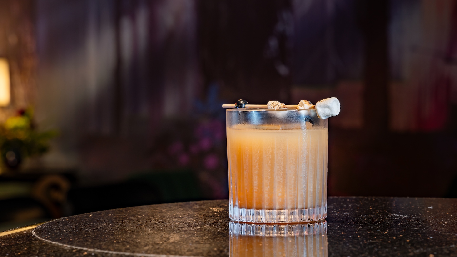 Chocolate-Marshmallow Old Fashioned: Graham cracker and chocolate-infused Woodford Bourbon, Tempus Fugit Crème de Cacao, brown sugar molasses syrup, chocolate bitters, wood smoke, and mini marshmallows 