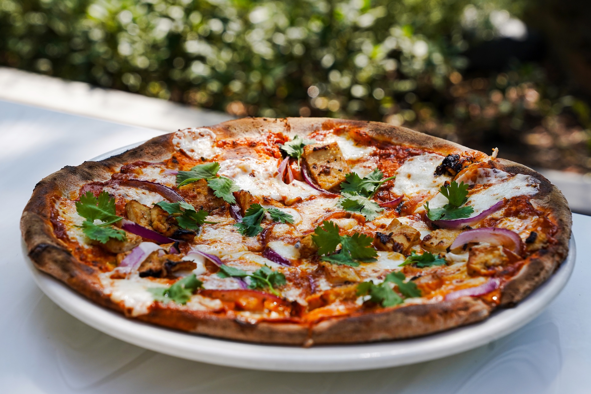 Diwali Chicken Tikka Masala Pizza: Neapolitan dough, tikka masala sauce, fresh mozzarella cheese, marinated chicken, red onion, parmesan, and cilantro (New) 