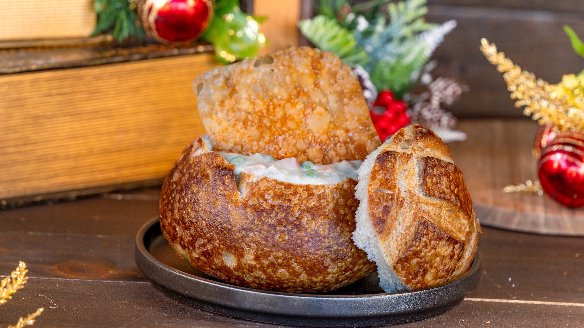 Chicken Pot Pie Soup topped with crispy fried wonton shell 