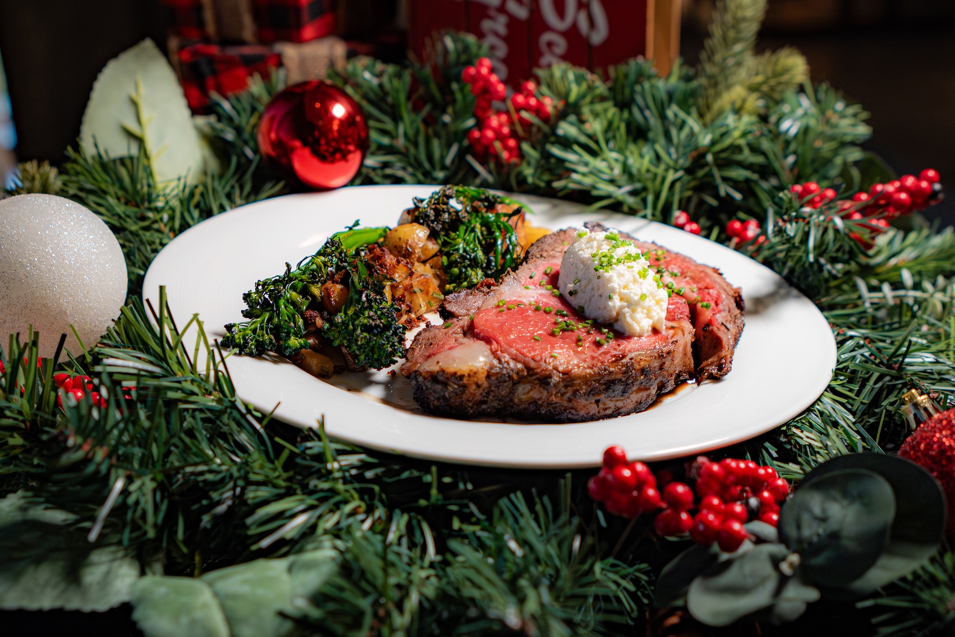 Prime Rib Feast: 10oz slow-roasted prime rib encrusted in fragrant fresh herbs, paired with warm potatoes-apple hash, smoky chorizo crumble, and tender broccolini (New)  