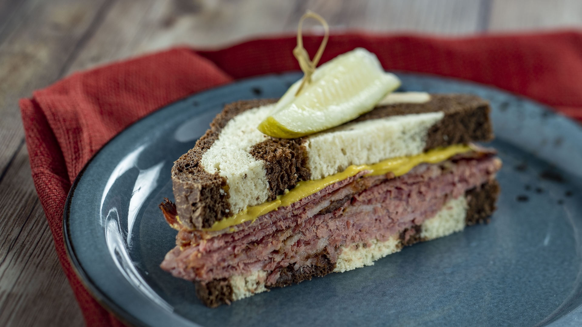 Pastrami on Rye with house-made pickles and deli mustard