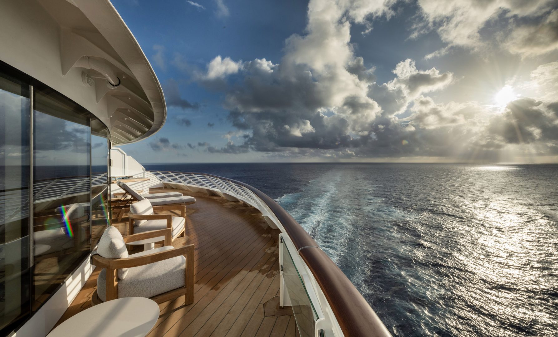 In royal suites of heroic proportions, guests on the Disney Destiny are empowered by epic stories to embrace their own destinies. Celebrating the majestic powers and noble heroism at the heart of Disney Animation’s “Hercules,” the Hero Suites are inspired by the film’s Greco-Roman architecture, colors and patterns. This is a private sun deck.