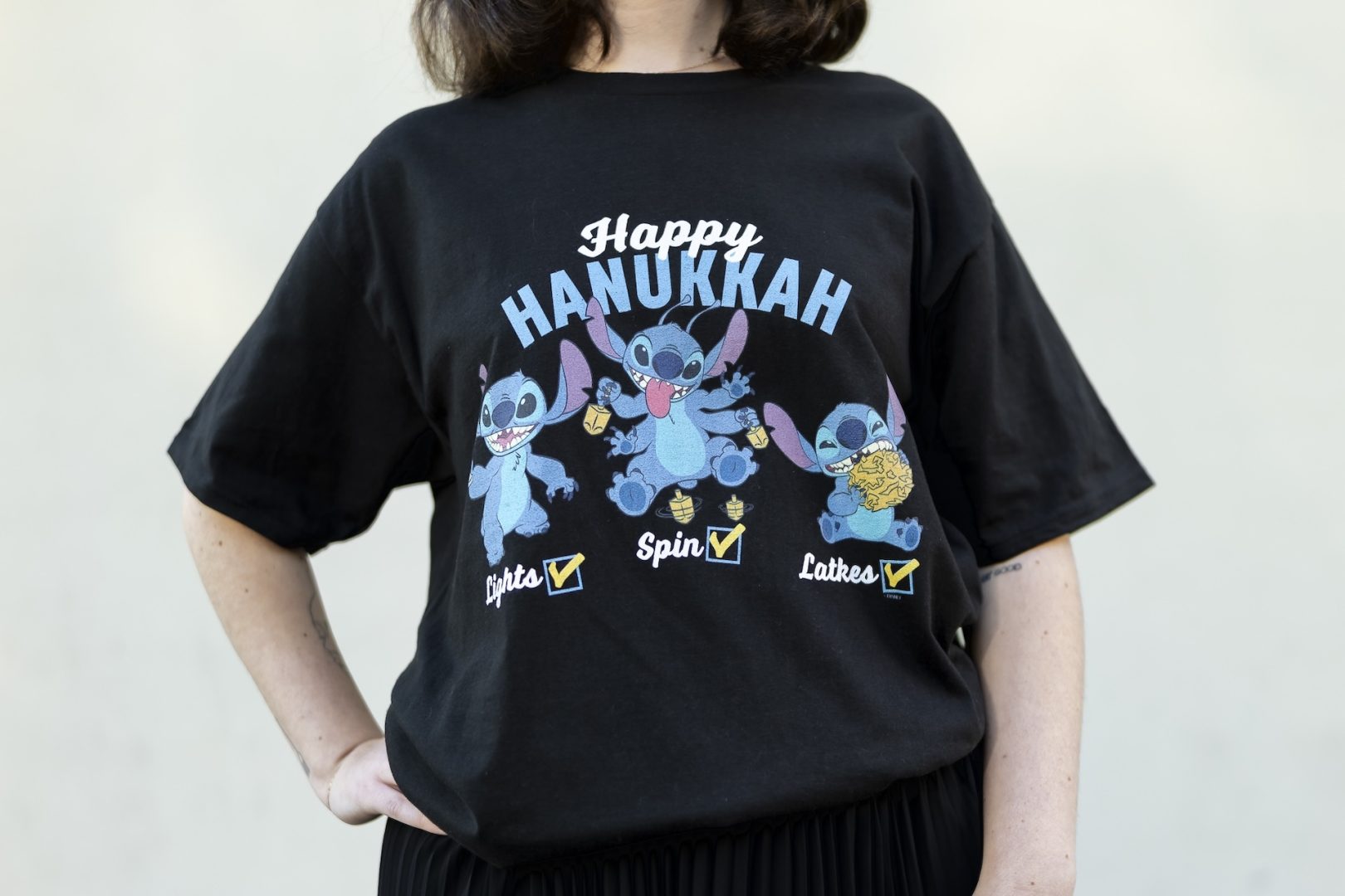 Disney Lilo & Stitch Happy Hanukkah Lights Spin Latkes T-Shirt 