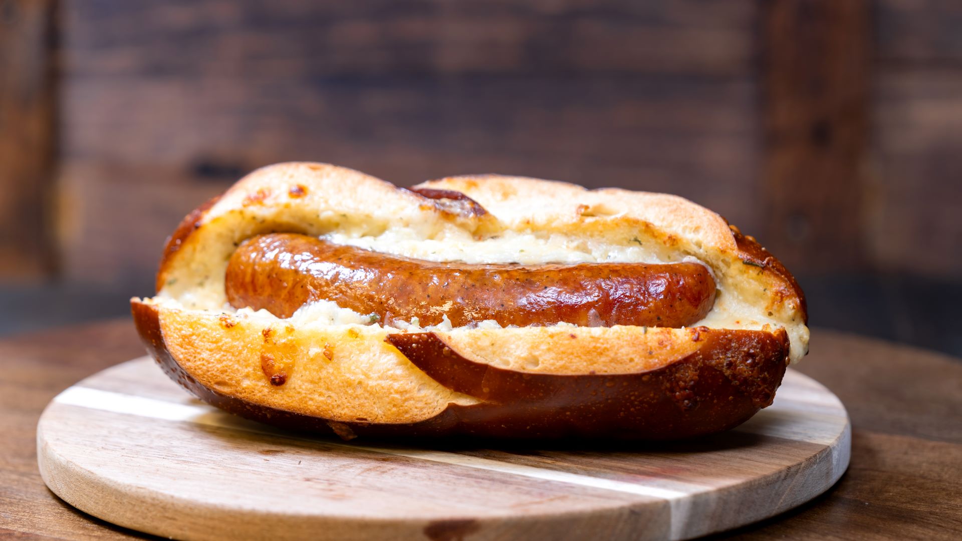 Cheesy garlic pretzel bratwurst in a toasted pretzel bun on a wooden board.