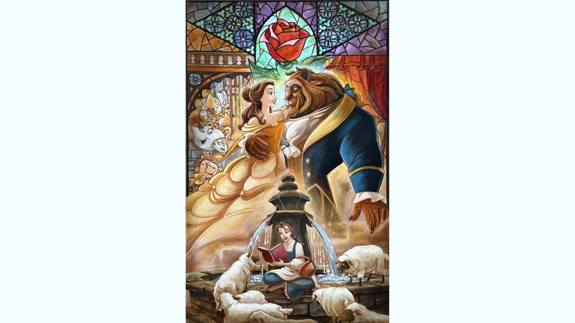 Belle and the Beast embrace near a fountain, surrounded by enchanted characters.