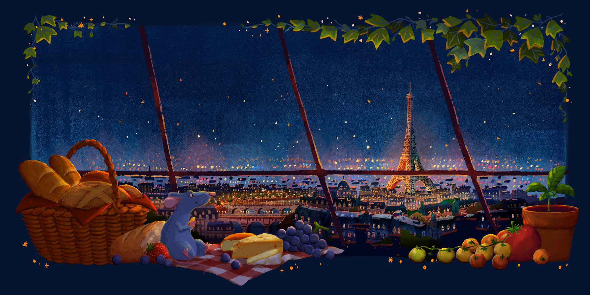 A cozy Parisian scene with a view of the Eiffel Tower at night.