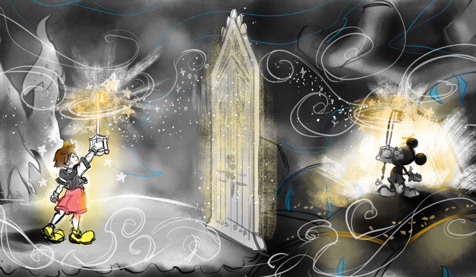 A character holds a glowing key, surrounded by swirls and stars.