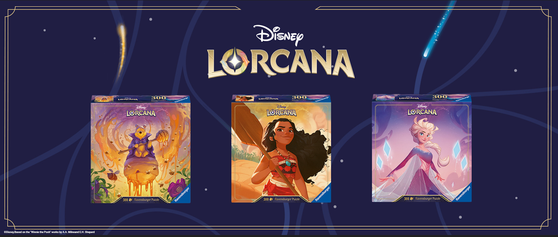 Disney Lorcana puzzles featuring glimmers of Disney’s Winnie the Pooh, Elsa, and Moana