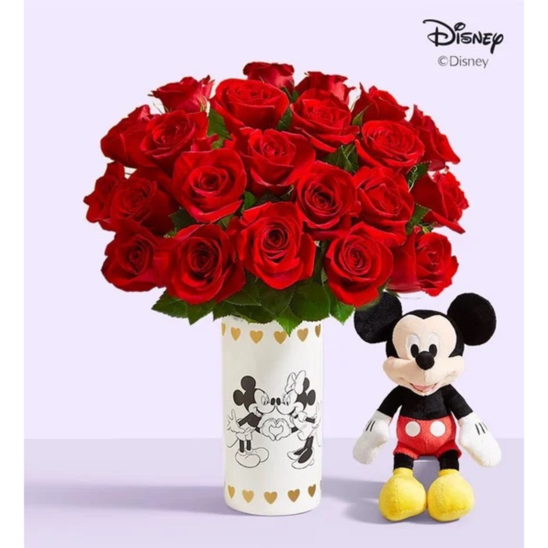 1-800-Flowers Disney Mickey Mouse & Minnie Mouse in Love Vase with Red Roses 