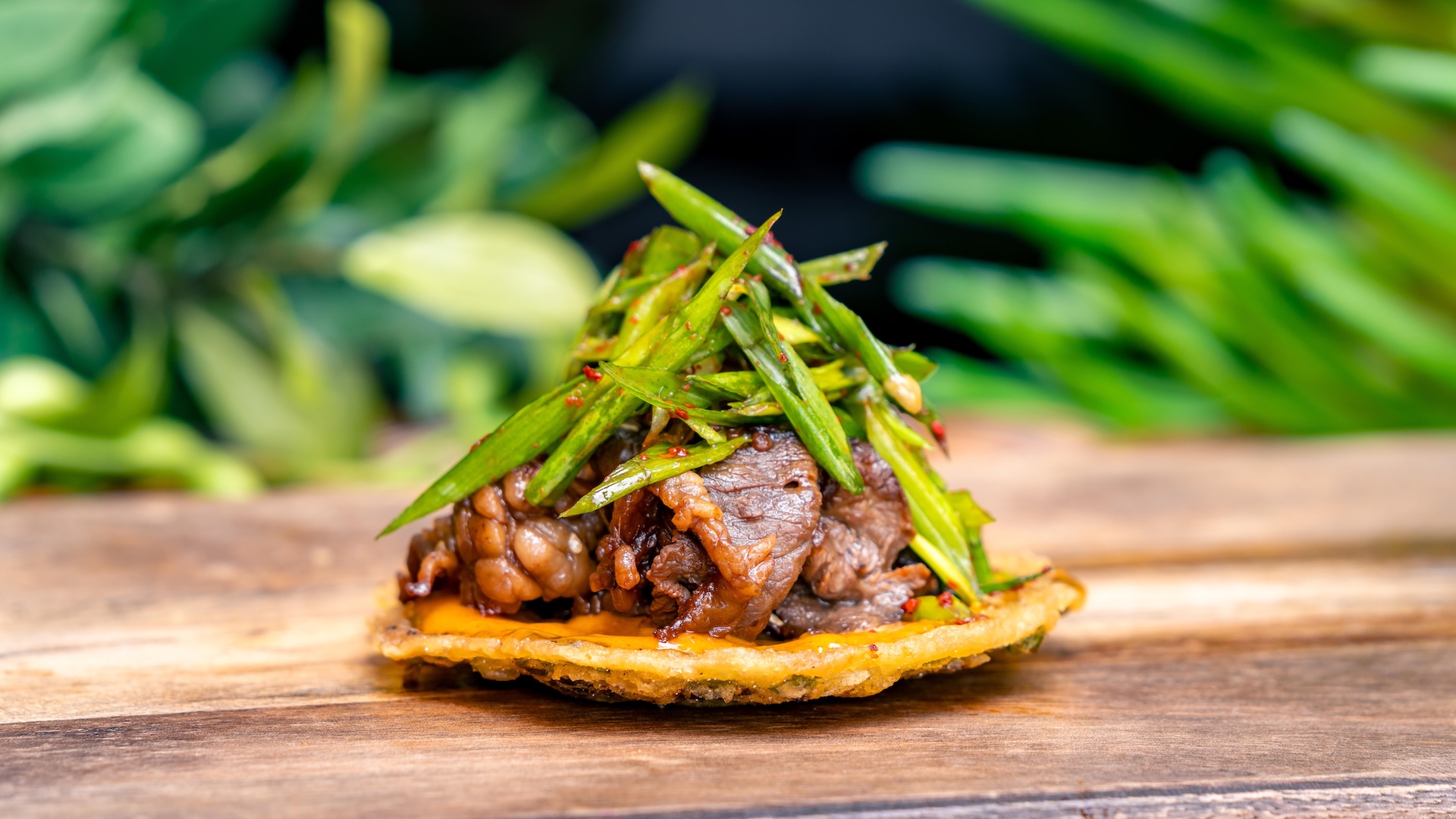 Scallion Pancake Tostada: Fried scallion pancake, bulgogi beef, kimchi a&iuml;oli, and spicy scallion salad