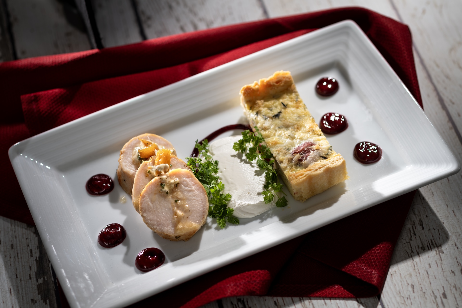 Chapter 2: Plate of Impossible Bites: Roasted turkey breast, onion and bacon custard tart, cherry gel, brown butter toast milk foam, and pineapple-toffee butter (New)
