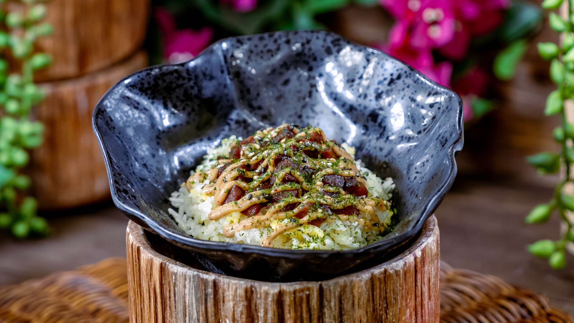 Musubi Fried Rice brought to you by Disney Vacation Club: AULANI Resort-inspired steamed rice with egg, glazed spiced ham, umami mayo, and furikake