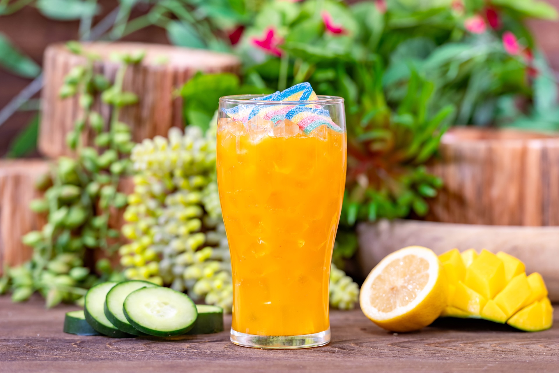 Bright orange cocktail garnished with colorful candy, surrounded by fruit and greenery.