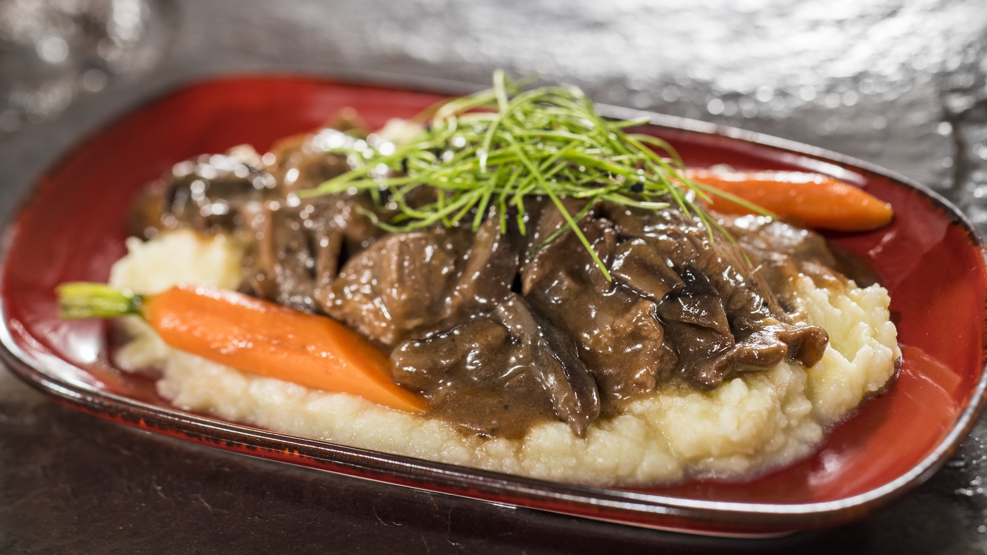 Beef Tenderloin Tips with mushroom bordelaise, whipped potatoes, and garden vegetables