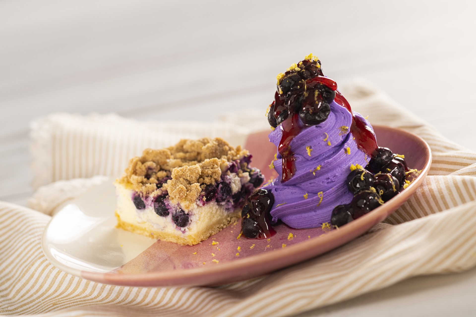 Blueberry Crumble Cake with blueberry-lemon zest soft-serve and blueberry compote