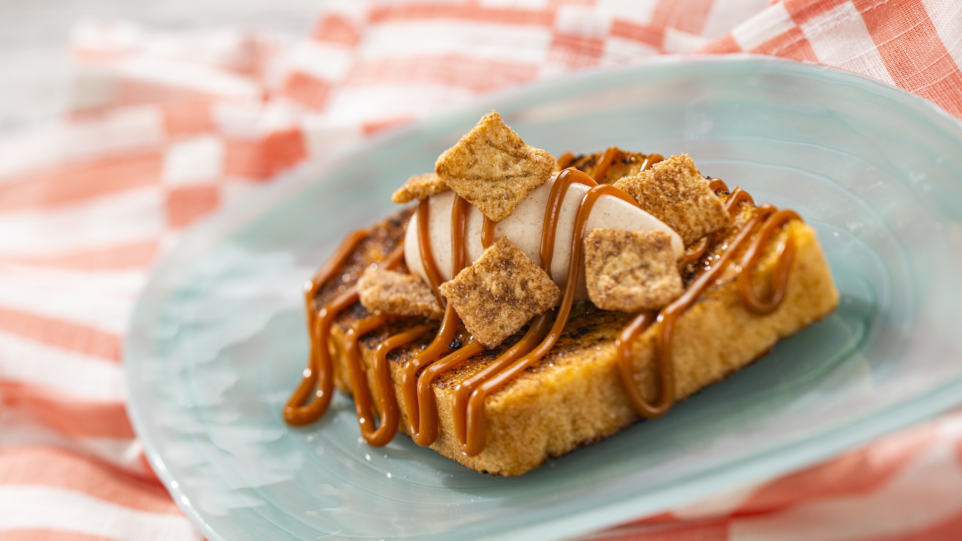 French Toast with Cinnamon Cereal Cream and Caramel Sauce (New)