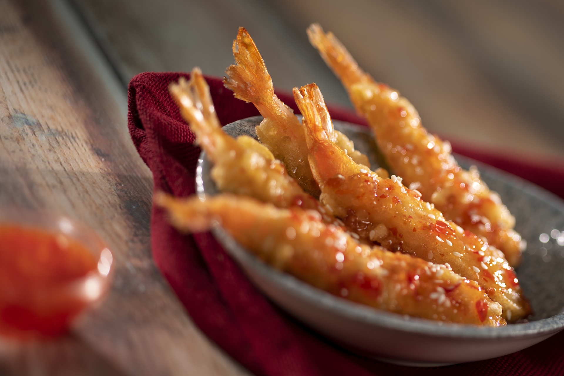 Orange-Sesame Tempura Shrimp with orange-chile sauce