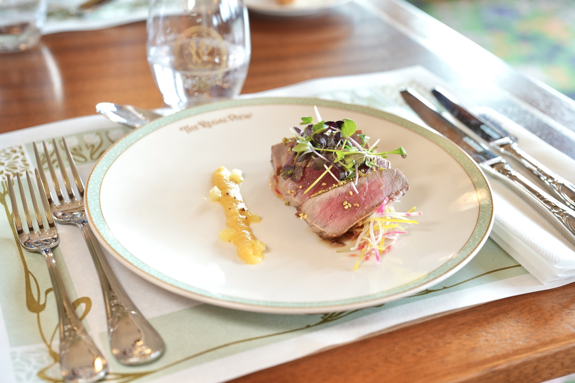 Bluefin Tuna Tataki with sesame seeds, daikon and wakame salad, pineapple, and Sichuan peppercorn chutney 
