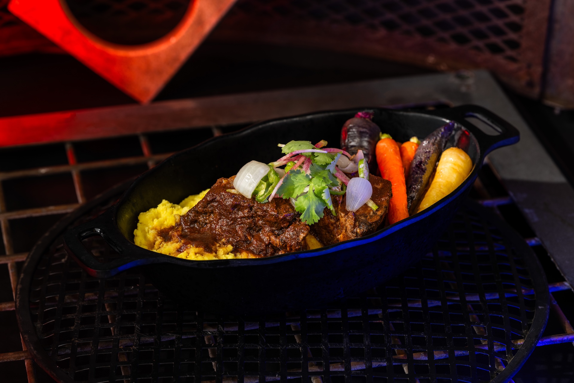 Shaak Pot Roast with Kublag Mash: Birria pot roast with turmeric-garlic mash and roasted carrots