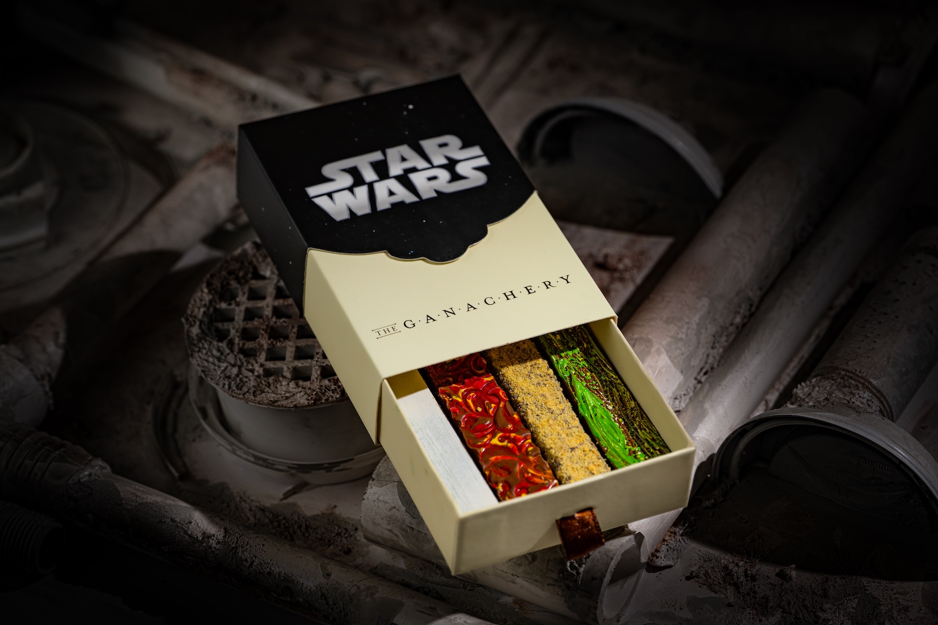 Across the Stars Ganache Bar: Ganache bars inspired by the Star Wars planets, featuring Corn and Nuts on Kashyyyk, Dragon Fruit on Tatooine, Spicy Cherry on Mustafar and Mint Lime on Hoth (NEW)