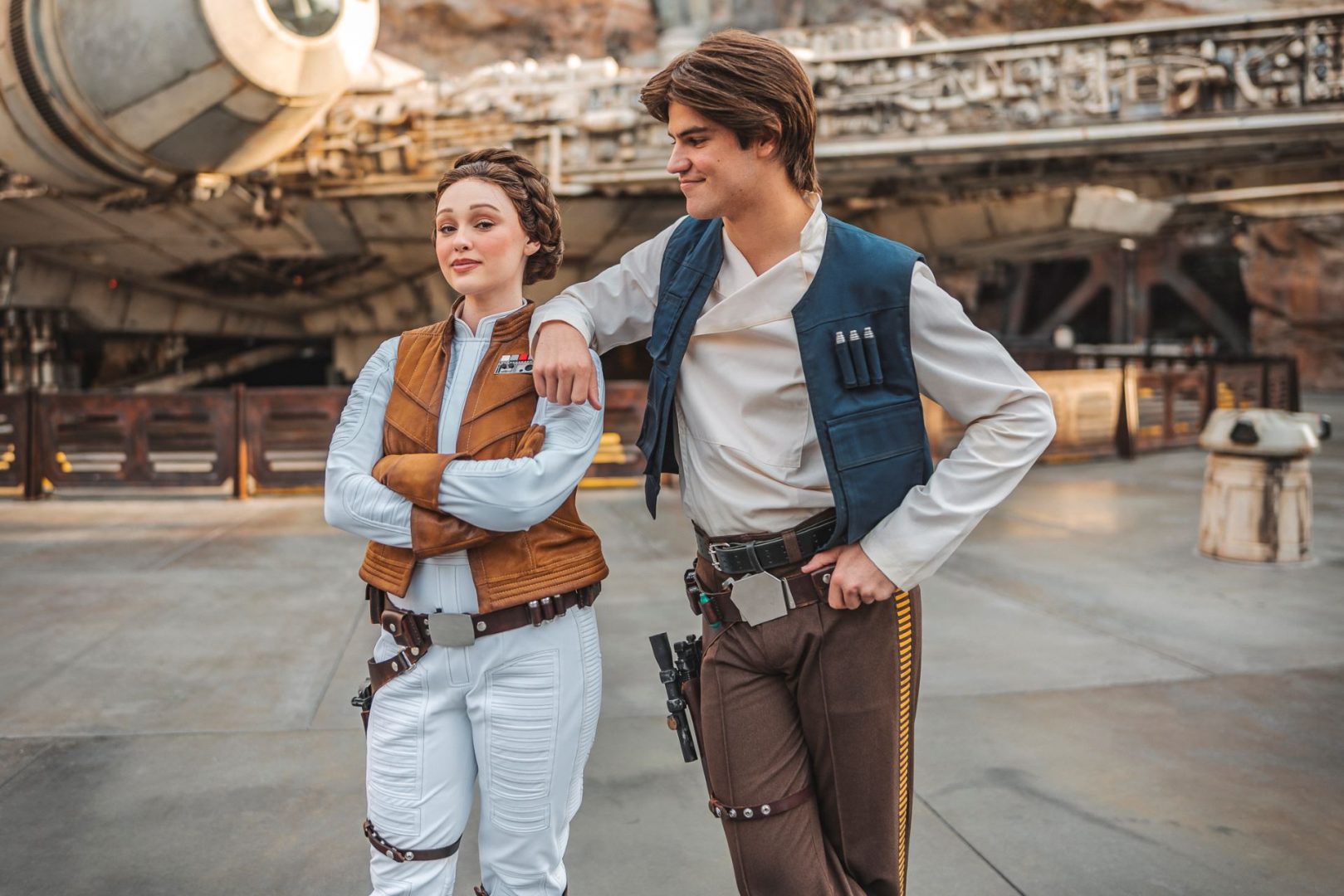 Han Solo and Leia Organa pose at Galaxy's Edge, Disneyland.