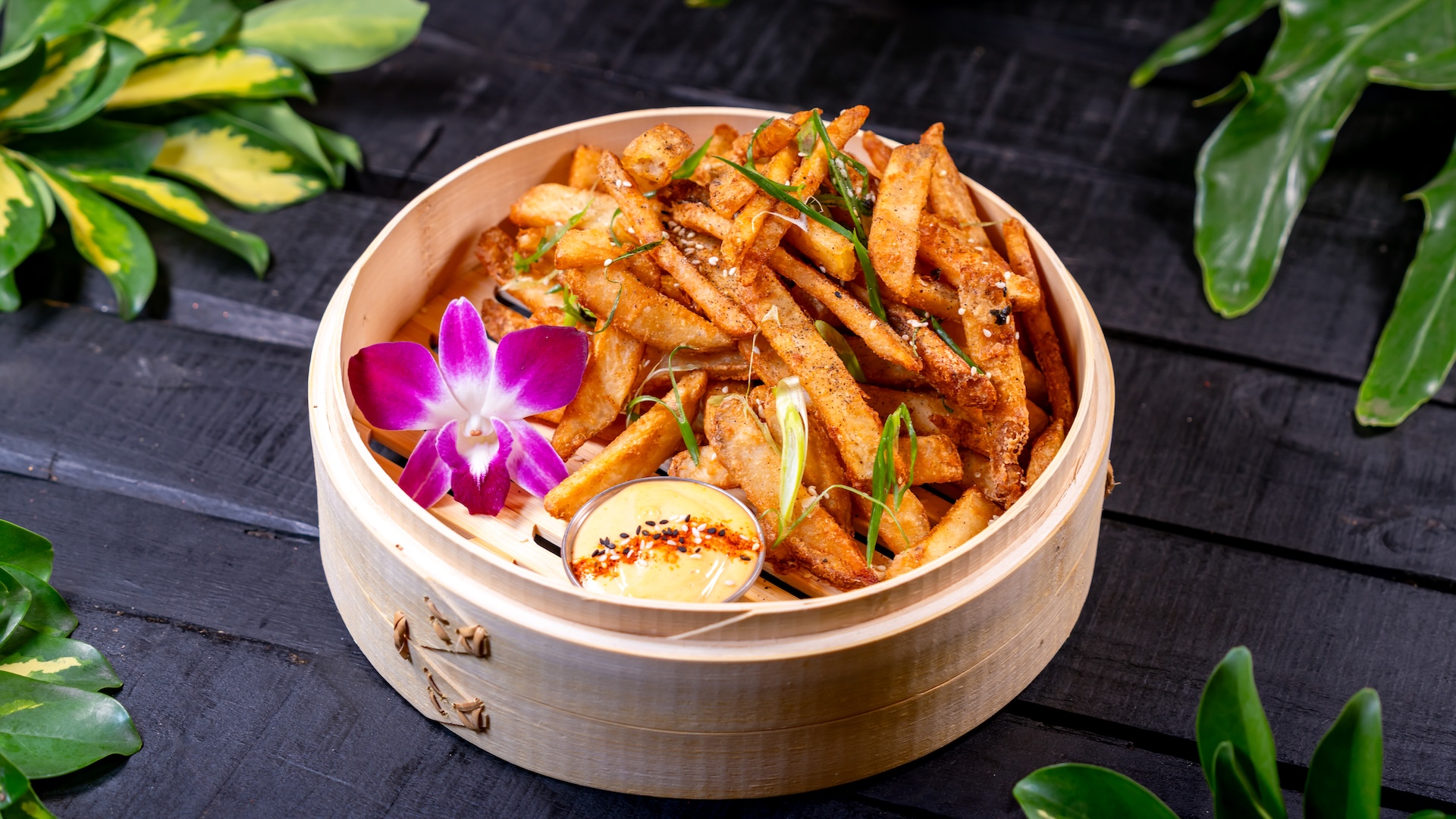 Trader Sam's Enchanted Tiki Bar Disneyland Hotel Furikake Fries: Beer-battered French fries, furikake, green onions, and gochujang a&iuml;oli
