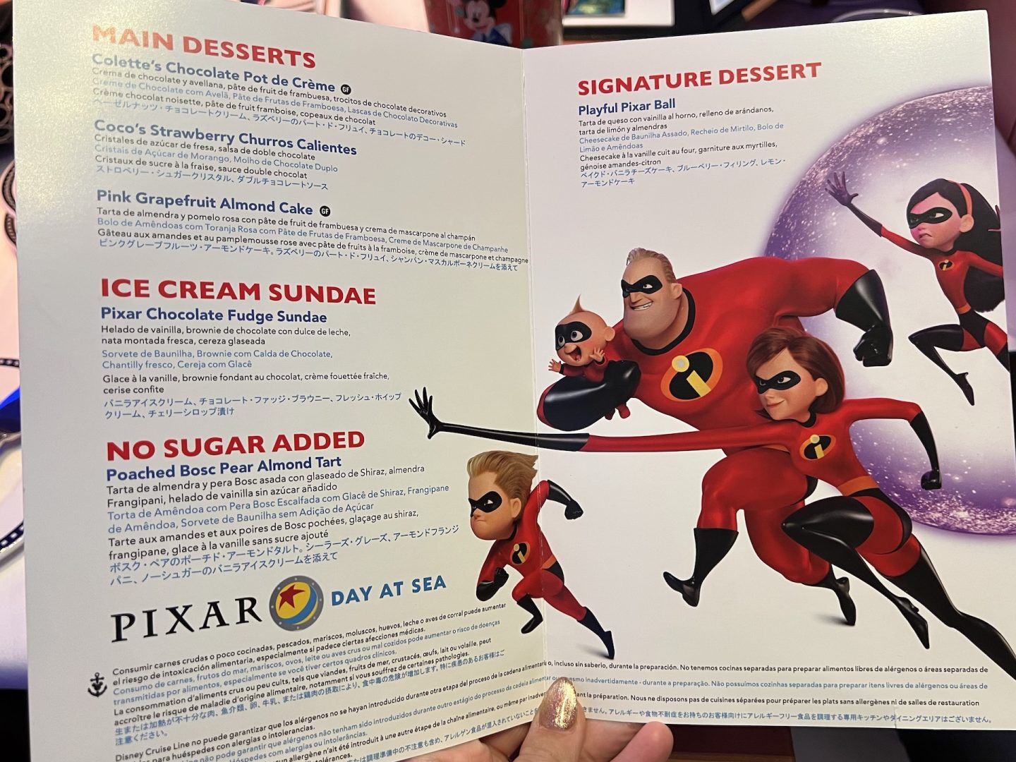 Disney Fantasy Pixar Days at Sea Menu