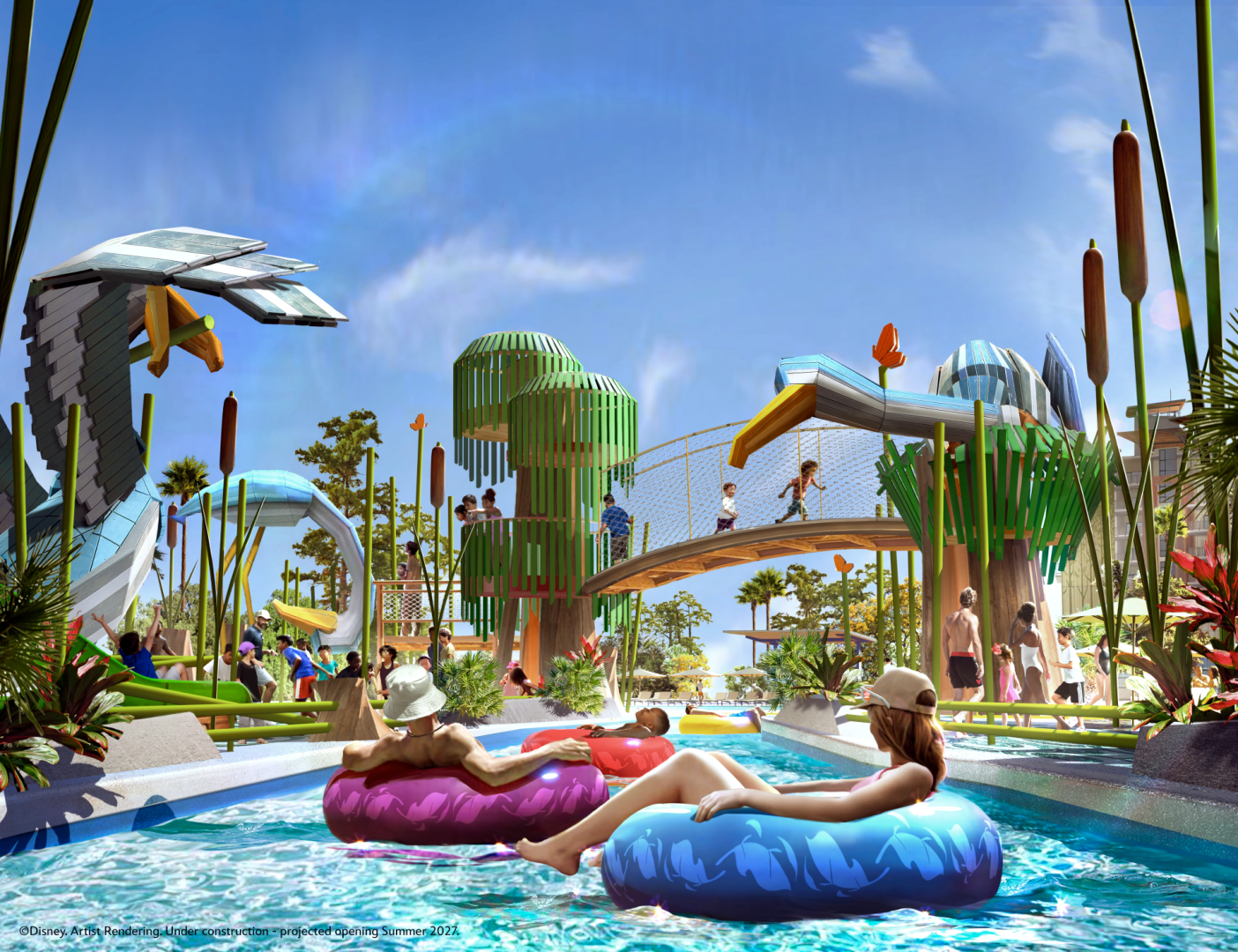 Colorful water park scene with guests enjoying lazy river and playful structures.