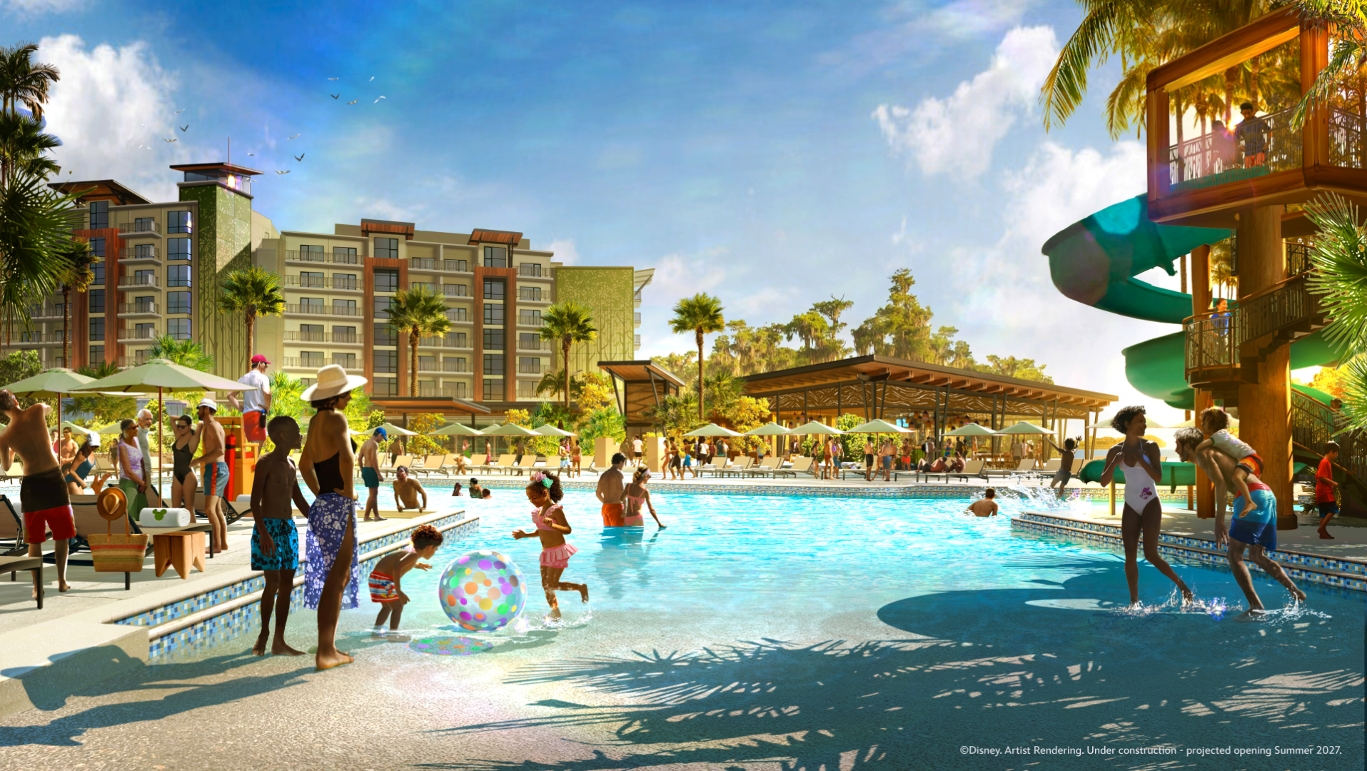 Pool area with families, water slide, and resort buildings in the background.
