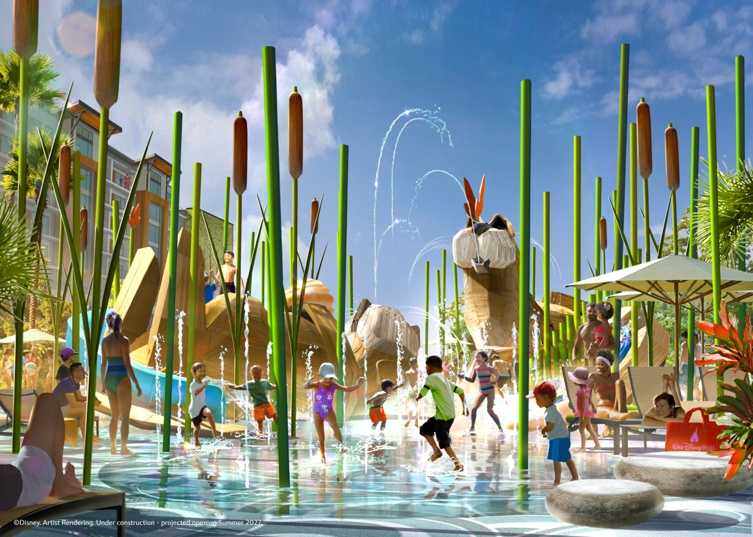 Children play in a water area surrounded by greenery and playful structures.