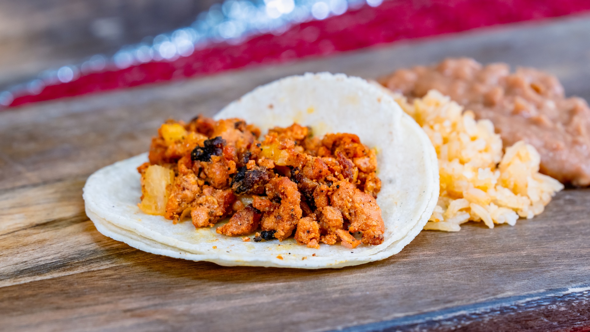 Disneyland Kids Meals Street-style Taco: Al Pastor taco in a corn tortilla served with Spanish rice and refried beans and choice of small DASANI Water or small lowfat milk