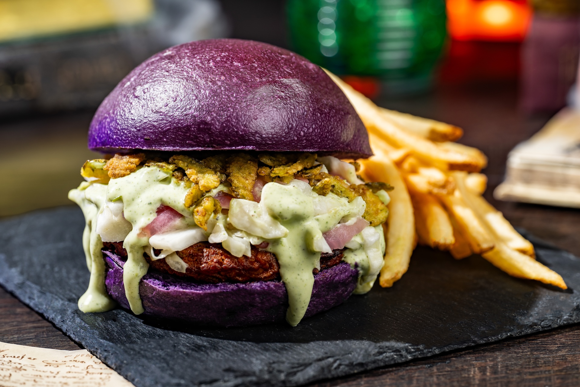 Frightful Black Bean Burger topped with jalape&ntilde;o-ranch slaw and jalape&ntilde;o chips served with french fries (Plant-based) (New) (Available during Mickey&rsquo;s Not-So-Scary Halloween Party only)