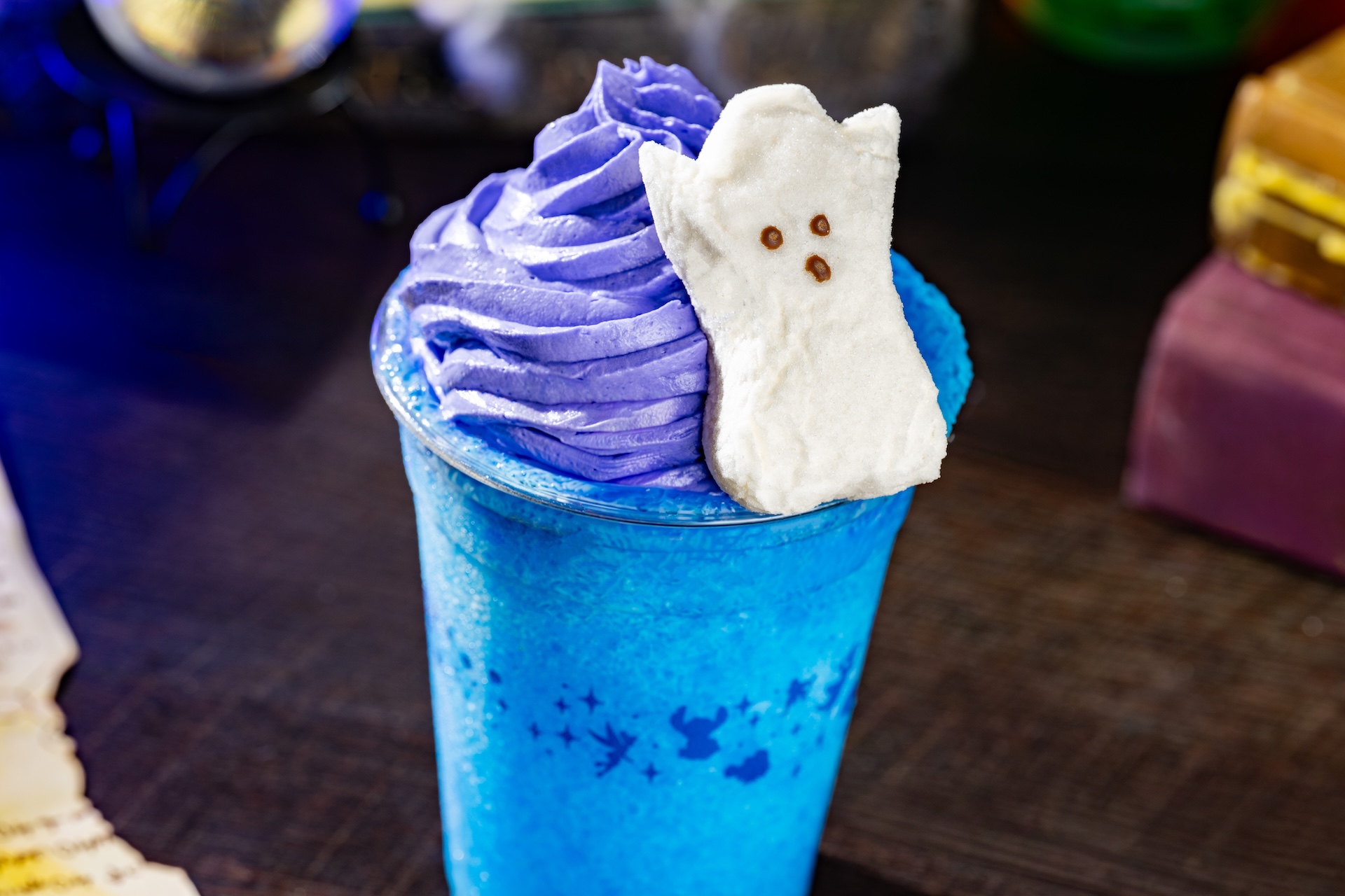 Scary Ghost Slushy: Blue raspberry slushy with marshmallow foam and a marshmallow ghost (Non-alcoholic) (Available during Mickey&rsquo;s Not-So-Scary Halloween Party only)