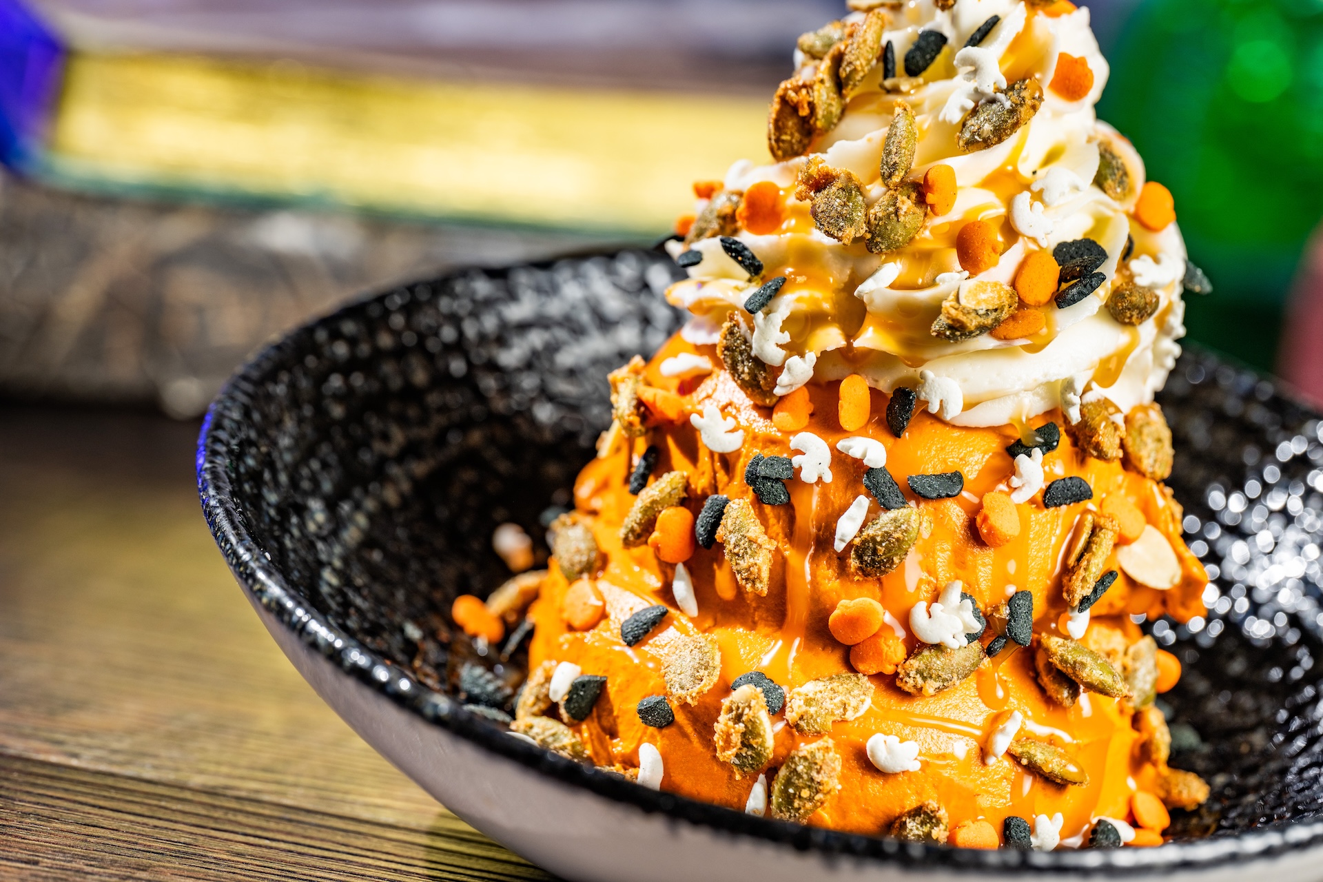 Pumpkin Sundae: Pumpkin gelato with pumpkin-spiced caramel sauce, pumpkin brittle, and Halloween sprinkles (Available during regular park hours and Mickey&rsquo;s Not-So-Scary Halloween Party)
