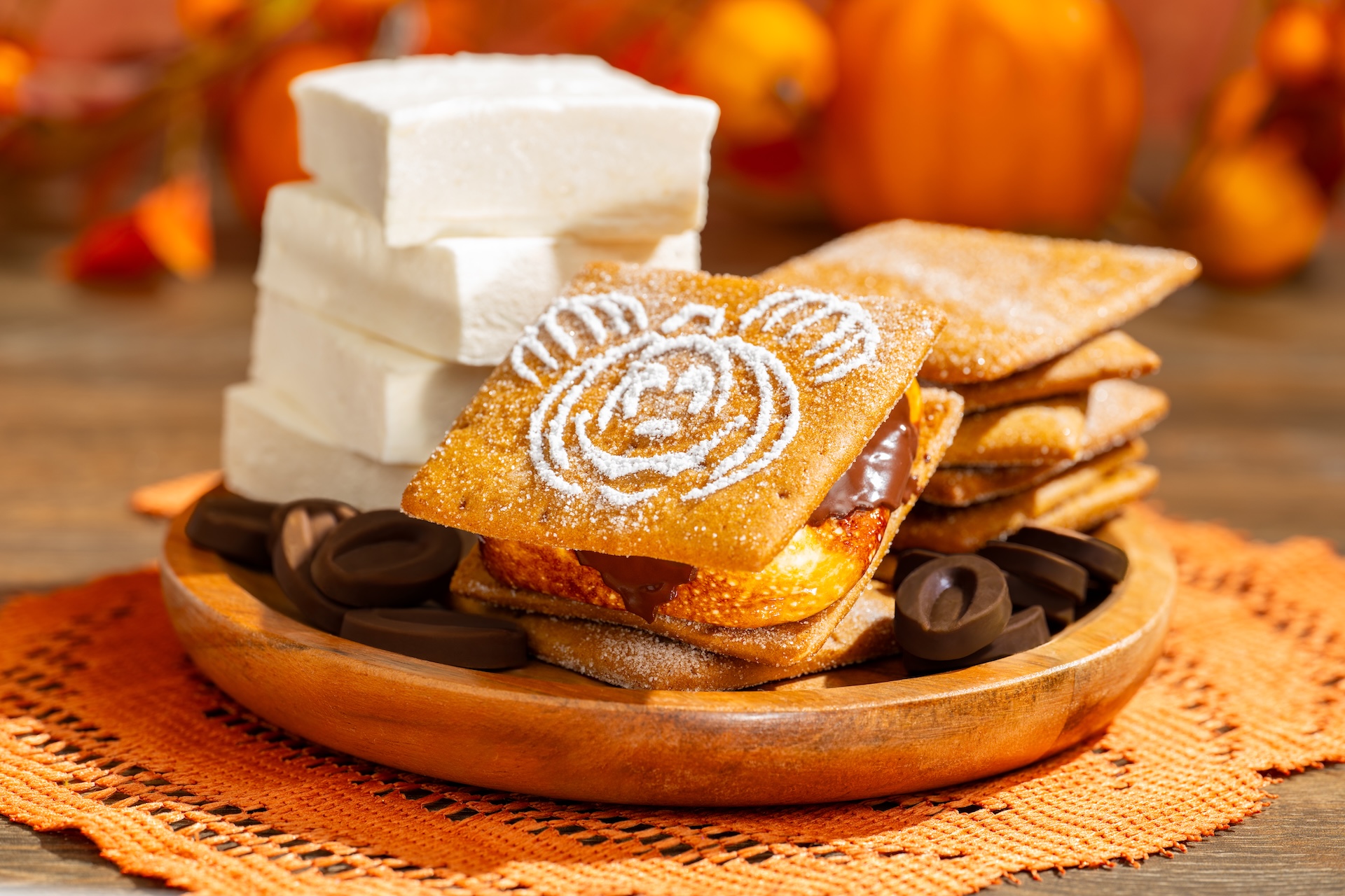 Pumpkin Spice S&rsquo;more: House-made graham crackers, spiced pumpkin ganache, dark chocolate, and vanilla marshmallow toasted to order (New)