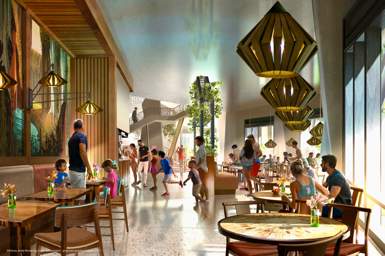 Bright, modern dining area with families enjoying their meals and activities.