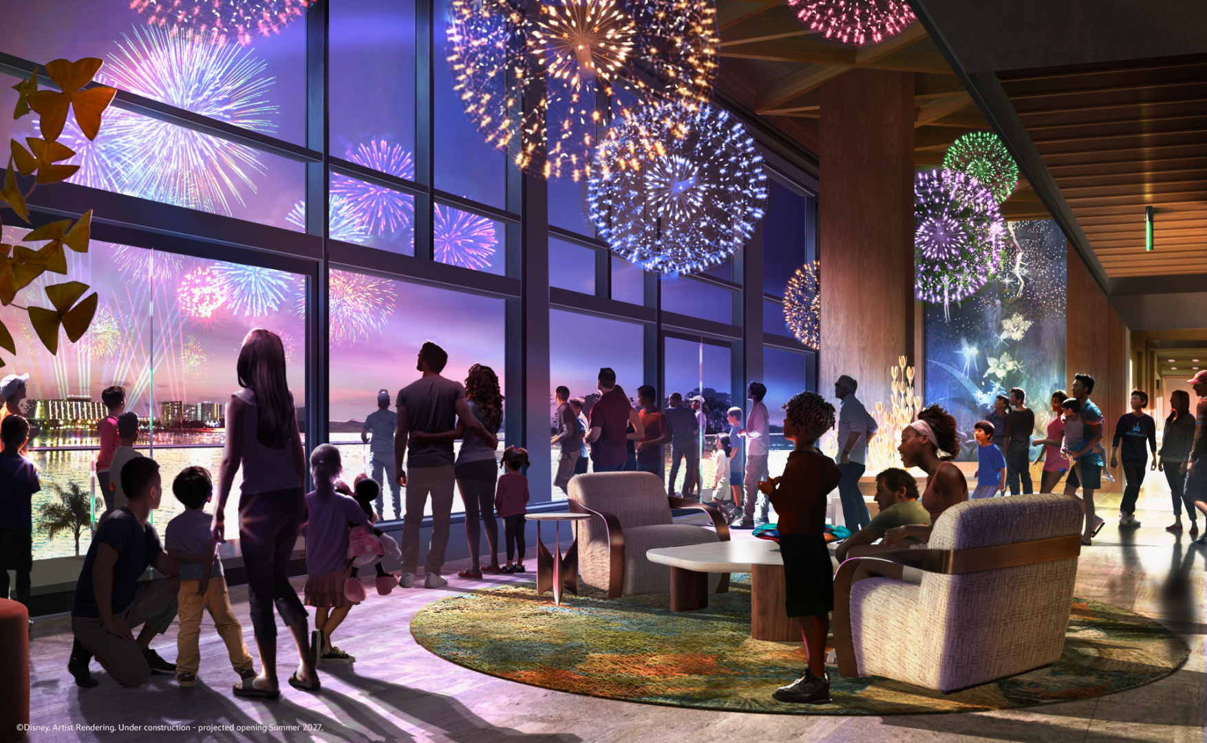 Guests enjoying fireworks from a modern resort's lounge with large windows.