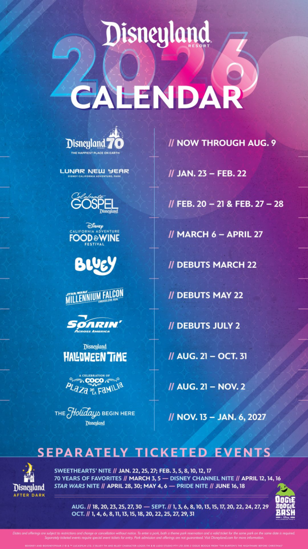 Disneyland Calendar 2026