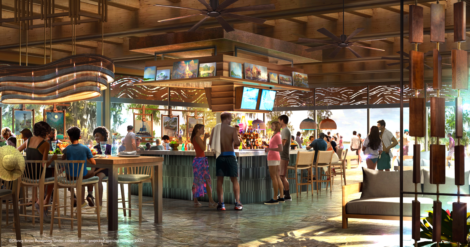 Interior of a vibrant bar with guests enjoying drinks and conversation.