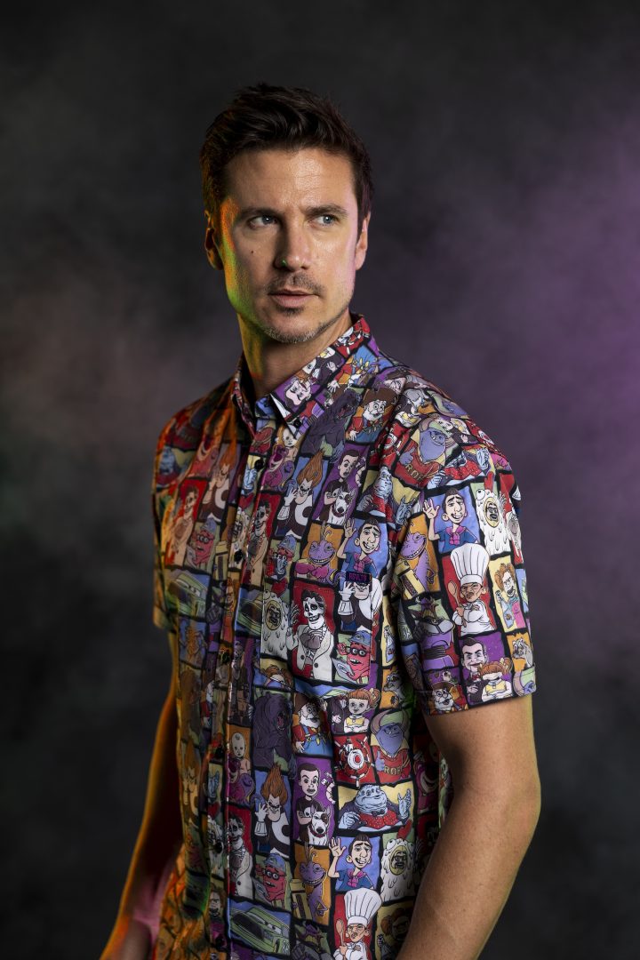 Pixar antagonists patterned across an RSVLTS button-down shirt