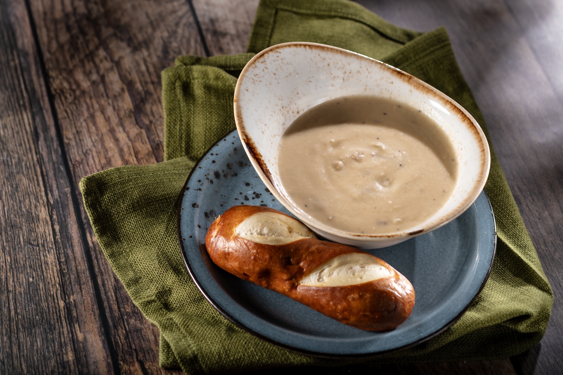 Cheddar and Bacon Soup served with a pretzel roll (Introduced in 2000)   